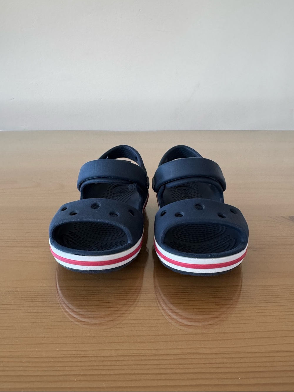 Crocs Navy Toddler Sandals with Red & White Stripe Sole